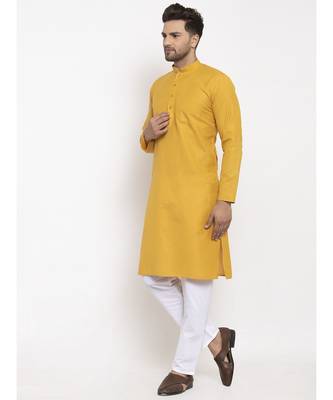 Men Mustard and White Cotton Solid Kurta with Pyjamas 4