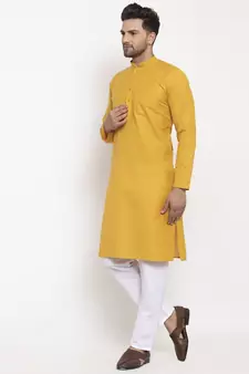 Men Mustard and White Cotton Solid Kurta with Pyjamas
