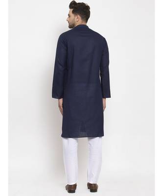 Men Navy Blue and White Cotton Solid Kurta with Pyjamas 2