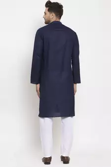 Men Navy Blue and White Cotton Solid Kurta with Pyjamas