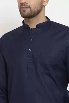 Men Navy Blue and White Cotton Solid Kurta with Pyjamas