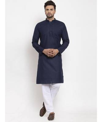 Men Navy Blue and White Cotton Solid Kurta with Pyjamas 1