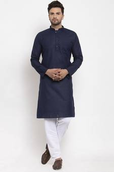 Men Navy Blue and White Cotton Solid Kurta with Pyjamas