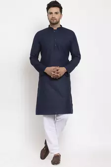 Men Navy Blue and White Cotton Solid Kurta with Pyjamas