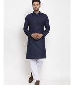 Men Navy Blue and White Cotton Solid Kurta with Pyjamas