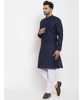 Men Navy Blue and White Cotton Solid Kurta with Pyjamas 4