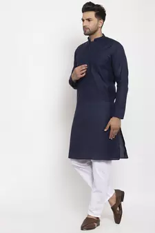 Men Navy Blue and White Cotton Solid Kurta with Pyjamas