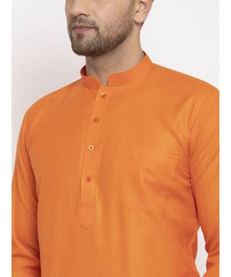 Men Orange and White Cotton Solid Kurta with Pyjamas 2