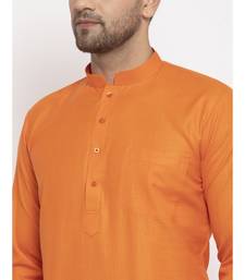 Men Orange and White Cotton Solid Kurta with Pyjamas