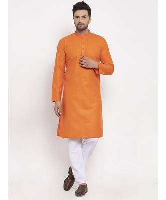 Men Orange and White Cotton Solid Kurta with Pyjamas 1