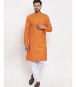 Men Orange and White Cotton Solid Kurta with Pyjamas