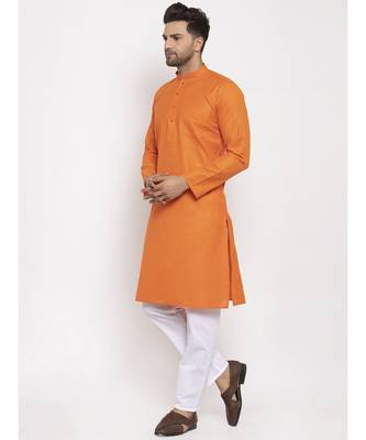 Men Orange and White Cotton Solid Kurta with Pyjamas 3
