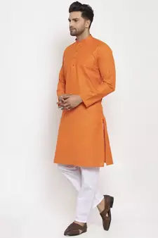 Men Orange and White Cotton Solid Kurta with Pyjamas