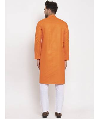 Men Orange and White Cotton Solid Kurta with Pyjamas 4