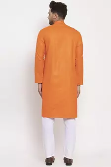 Men Orange and White Cotton Solid Kurta with Pyjamas