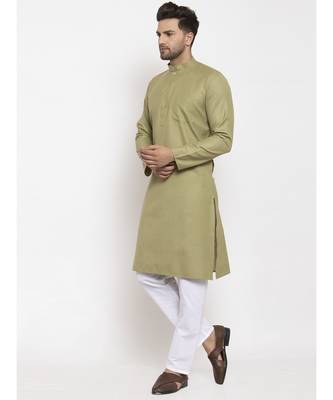 Men Green and White Cotton Solid Kurta with Pyjamas 3