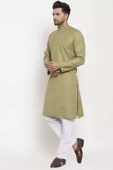Men Green and White Cotton Solid Kurta with Pyjamas