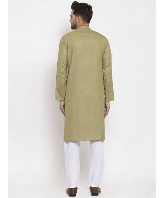 Men Green and White Cotton Solid Kurta with Pyjamas 4