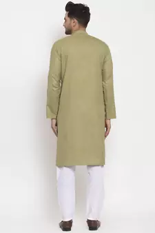 Men Green and White Cotton Solid Kurta with Pyjamas