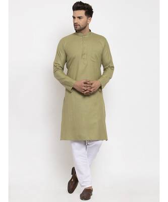 Men Green and White Cotton Solid Kurta with Pyjamas 1