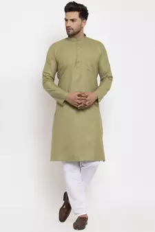 Men Green and White Cotton Solid Kurta with Pyjamas