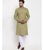 Men Green and White Cotton Solid Kurta with Pyjamas
