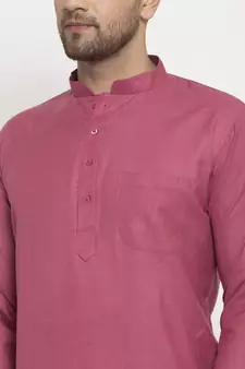 Men Coral and White Cotton Solid Kurta with Pyjamas
