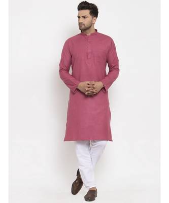 Men Coral and White Cotton Solid Kurta with Pyjamas 1