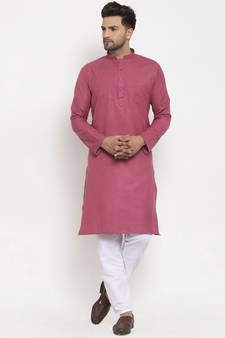 Men Coral and White Cotton Solid Kurta with Pyjamas