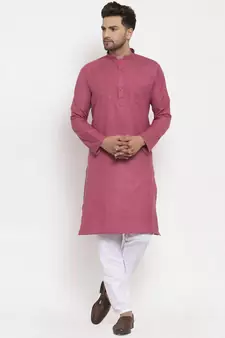 Men Coral and White Cotton Solid Kurta with Pyjamas