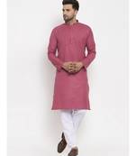 Men Coral and White Cotton Solid Kurta with Pyjamas