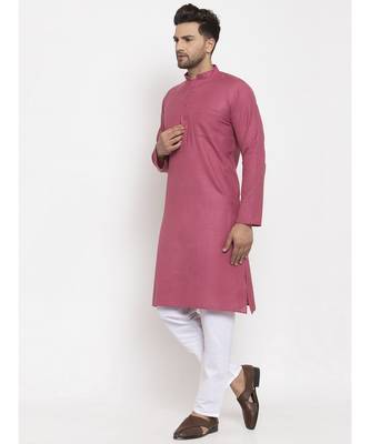 Men Coral and White Cotton Solid Kurta with Pyjamas 3