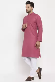 Men Coral and White Cotton Solid Kurta with Pyjamas