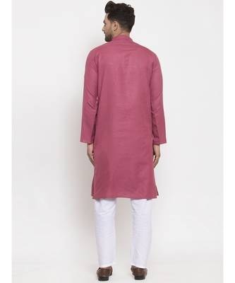 Men Coral and White Cotton Solid Kurta with Pyjamas 4