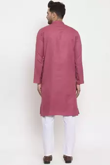 Men Coral and White Cotton Solid Kurta with Pyjamas