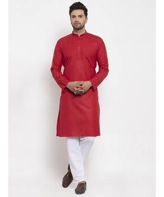 Men Red and White Cotton Solid Kurta with Pyjamas 1