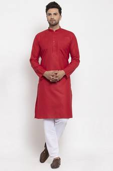 Men Red and White Cotton Solid Kurta with Pyjamas