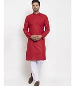 Men Red and White Cotton Solid Kurta with Pyjamas