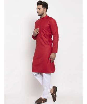 Men Red and White Cotton Solid Kurta with Pyjamas 4