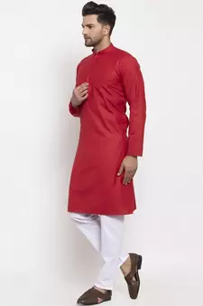 Men Red and White Cotton Solid Kurta with Pyjamas