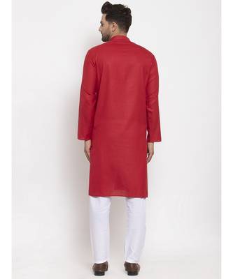 Men Red and White Cotton Solid Kurta with Pyjamas 5