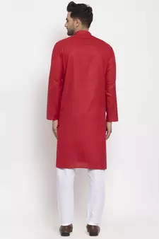 Men Red and White Cotton Solid Kurta with Pyjamas