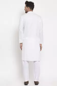 Men White and White Cotton Solid Kurta with Pyjamas