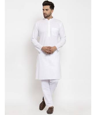 Men White and White Cotton Solid Kurta with Pyjamas 4