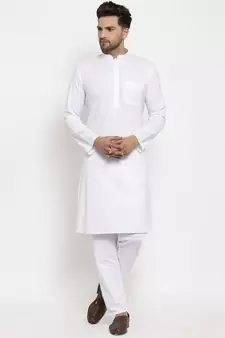 Men White and White Cotton Solid Kurta with Pyjamas