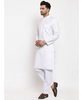 Men White and White Cotton Solid Kurta with Pyjamas 5
