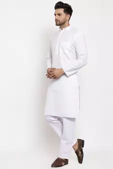 Men White and White Cotton Solid Kurta with Pyjamas