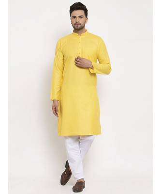 Men Yellow and White Cotton Solid Kurta with Pyjamas 3