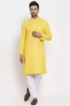 Men Yellow and White Cotton Solid Kurta with Pyjamas