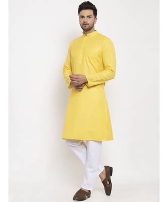 Men Yellow and White Cotton Solid Kurta with Pyjamas 1
